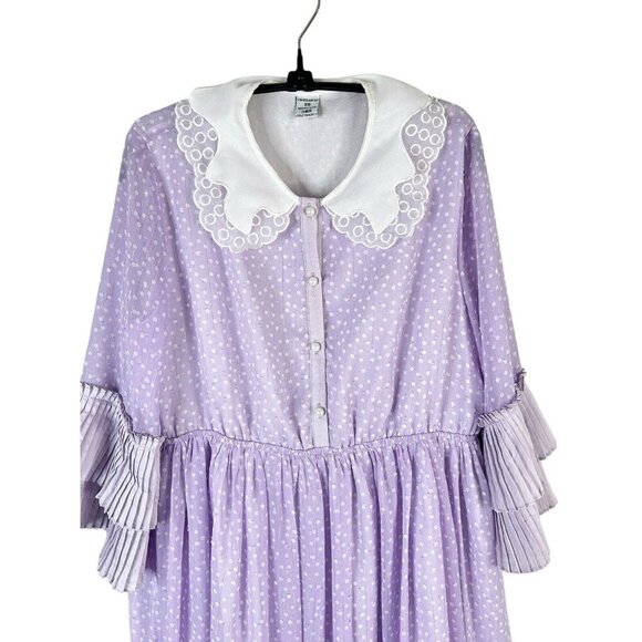 Purple Polka Dot Dress Large Pastel Lace Collar Accordion Sleeve Lolita Coquette - Picture 2 of 13